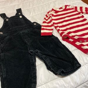 Hannah Andersson holiday red and white onesie/black overalls set.